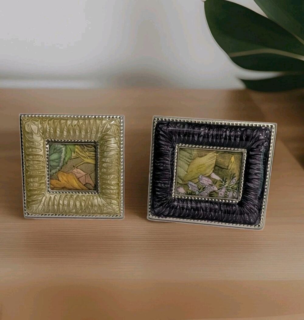 Vintage Enamel Mini Picture Frames Set of 2 Beaded Edge Tabletop Or Wall Display